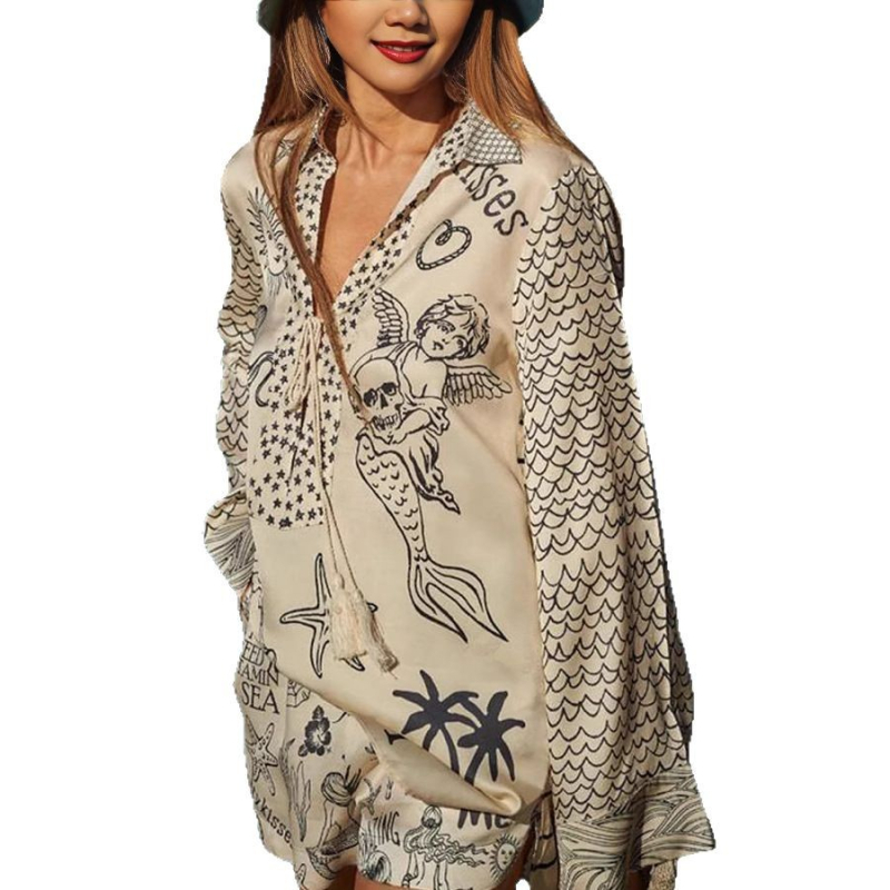 Saten dvodijelni kostim s printsom, ljeto 2025, street hipster stil, glavni materijal poliester
