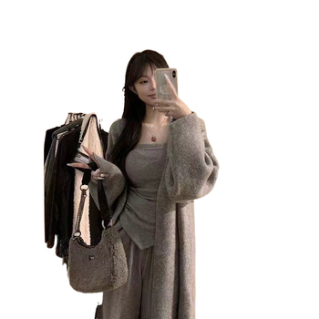 Plus-size ženski komplet za jesen/zimu 2024, korejski stil, džemper jakna, top bez naramenica i opuštene hlače, trodijelni set