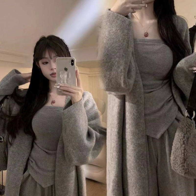 Plus-size ženski komplet za jesen/zimu 2024, korejski stil, džemper jakna, top bez naramenica i opuštene hlače, trodijelni set