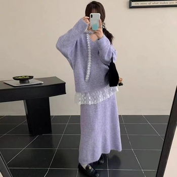 Dvostruki set s čipkastim patchom: pleteni top i duga suknja, pamukasto-poliestersko pletenina, japansko-korejski casual