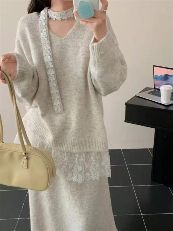 Dvostruki set s čipkastim patchom: pleteni top i duga suknja, pamukasto-poliestersko pletenina, japansko-korejski casual