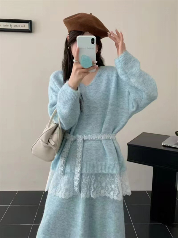 Dvostruki set s čipkastim patchom: pleteni top i duga suknja, pamukasto-poliestersko pletenina, japansko-korejski casual