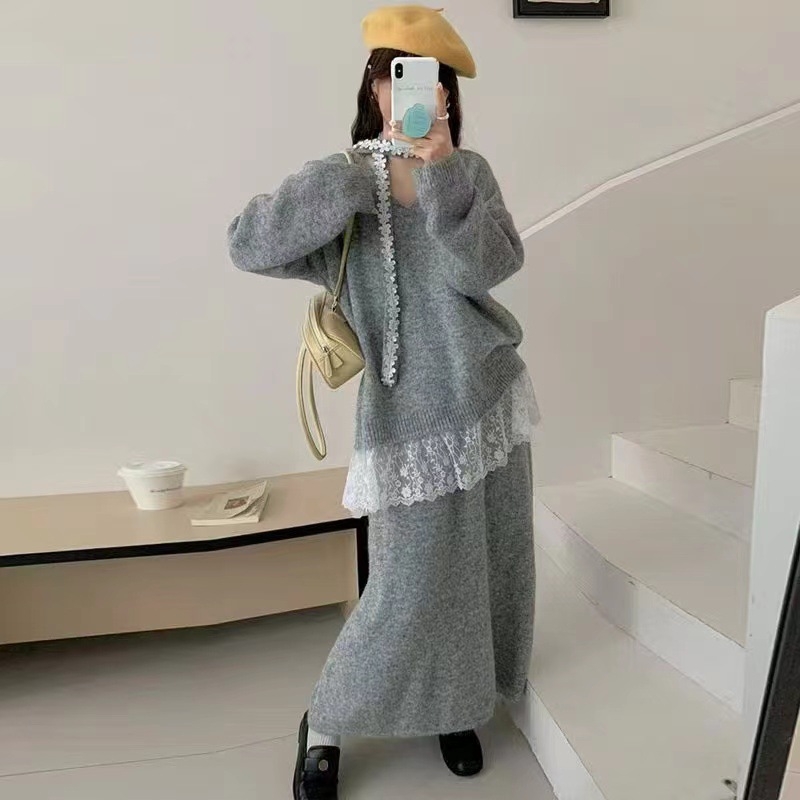 Dvostruki set s čipkastim patchom: pleteni top i duga suknja, pamukasto-poliestersko pletenina, japansko-korejski casual