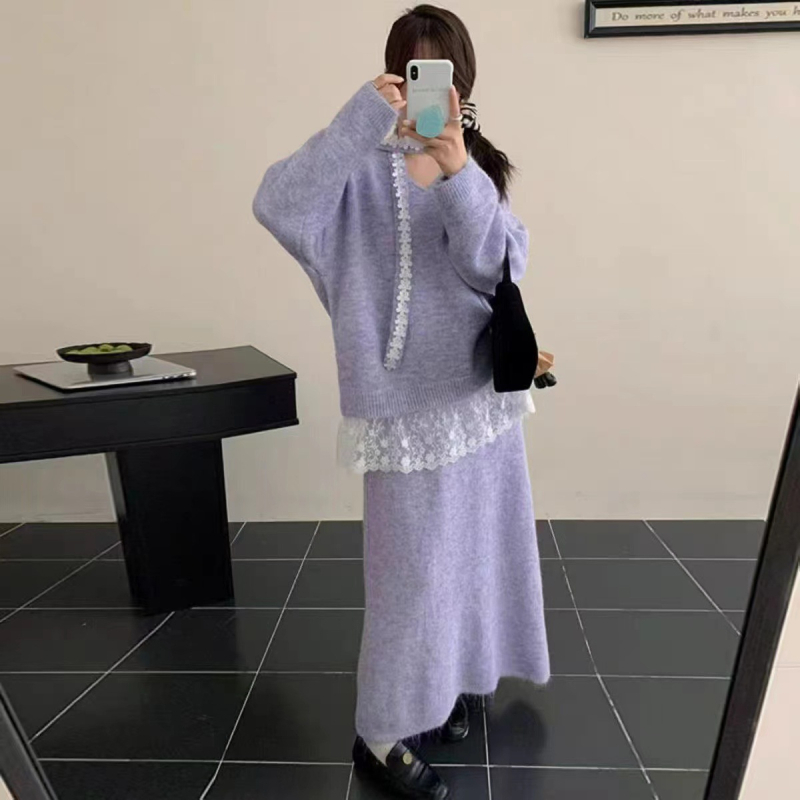Dvostruki set s čipkastim patchom: pleteni top i duga suknja, pamukasto-poliestersko pletenina, japansko-korejski casual