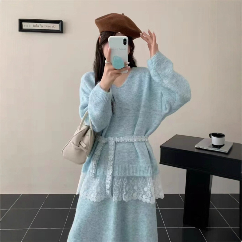 Dvostruki set s čipkastim patchom: pleteni top i duga suknja, pamukasto-poliestersko pletenina, japansko-korejski casual