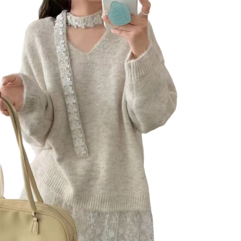 Dvostruki set s čipkastim patchom: pleteni top i duga suknja, pamukasto-poliestersko pletenina, japansko-korejski casual