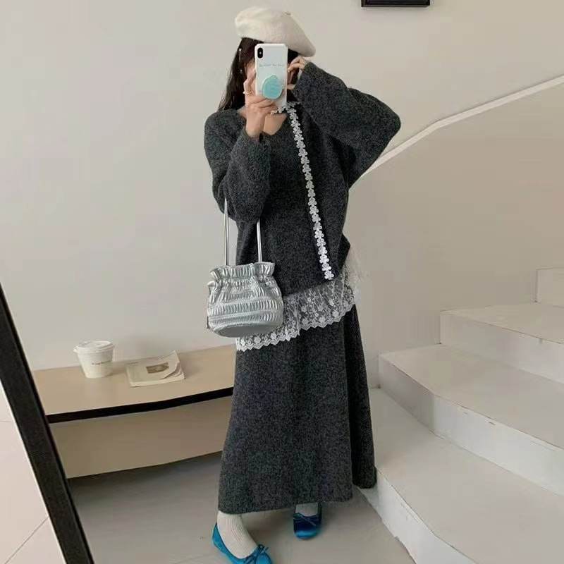 Dvostruki set s čipkastim patchom: pleteni top i duga suknja, pamukasto-poliestersko pletenina, japansko-korejski casual