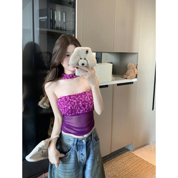 Bustier top s mrežicom i šljokicama, elastičan, bez leđa, poliester