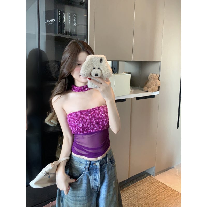 Bustier top s mrežicom i šljokicama, elastičan, bez leđa, poliester