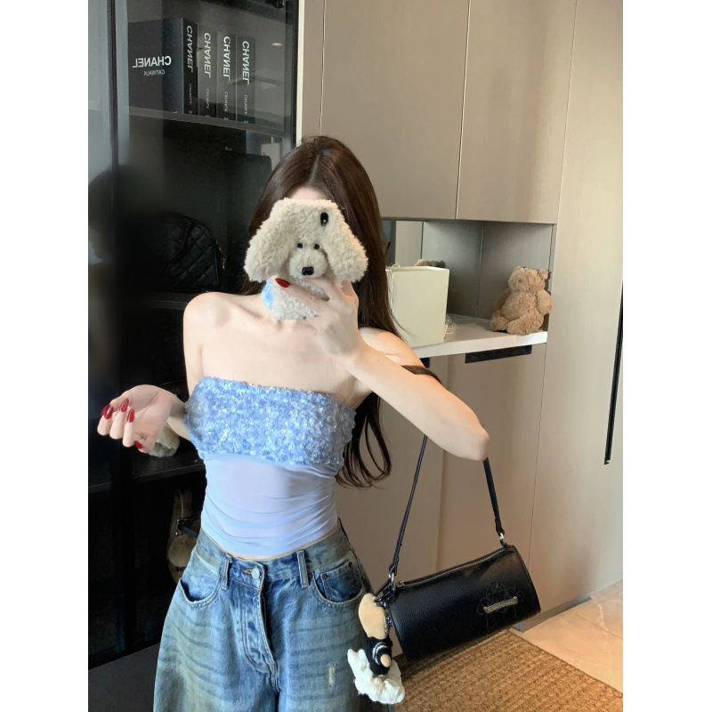 Bustier top s mrežicom i šljokicama, elastičan, bez leđa, poliester
