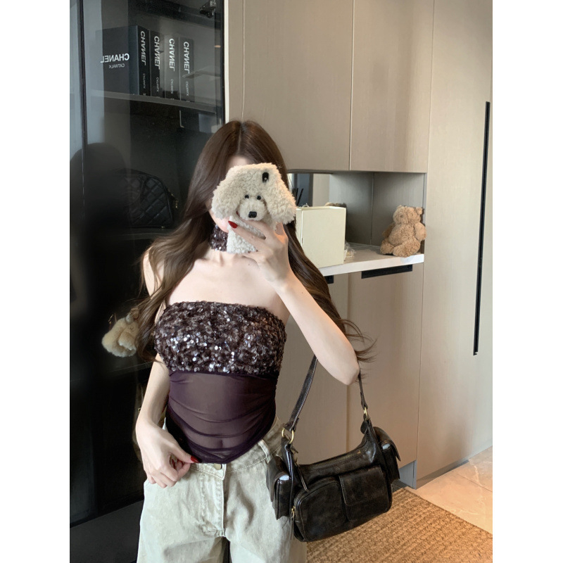 Bustier top s mrežicom i šljokicama, elastičan, bez leđa, poliester
