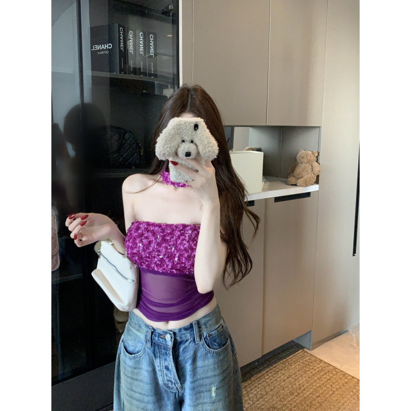Bustier top s mrežicom i šljokicama, elastičan, bez leđa, poliester