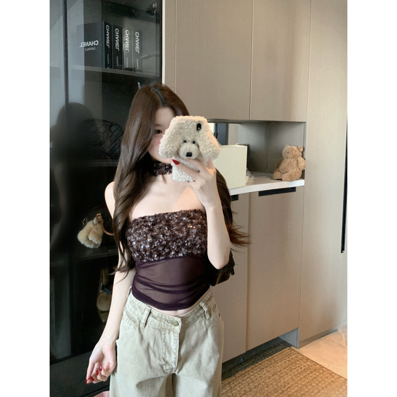 Bustier top s mrežicom i šljokicama, elastičan, bez leđa, poliester