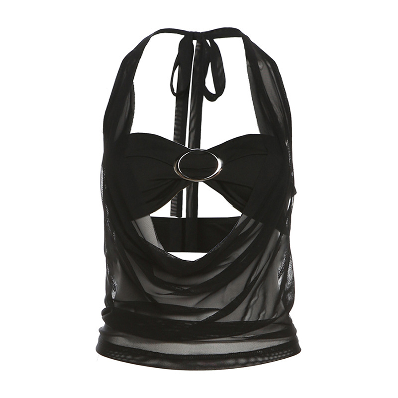 Dvije komponente: halterneck top i prozirna mrežasta vest, jesen 2024, poliester s dodatkom spandeksa