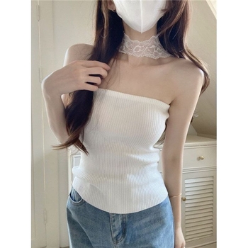 Top fără mâneci cu gât halter, dantelă, stil franțuzesc, croială Slim fit, lungime scurtă 40–50 cm, material poliester, model urban peisaj, vară 2025