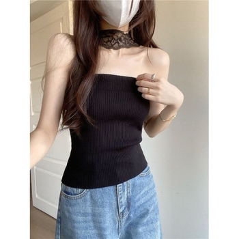 Top fără mâneci cu gât halter, dantelă, stil franțuzesc, croială Slim fit, lungime scurtă 40–50 cm, material poliester, model urban peisaj, vară 2025