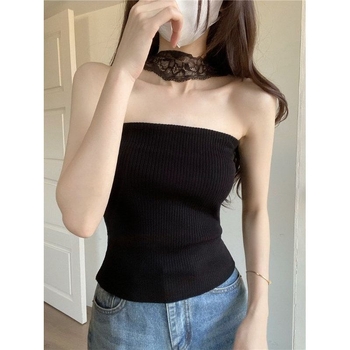 Top fără mâneci cu gât halter, dantelă, stil franțuzesc, croială Slim fit, lungime scurtă 40–50 cm, material poliester, model urban peisaj, vară 2025