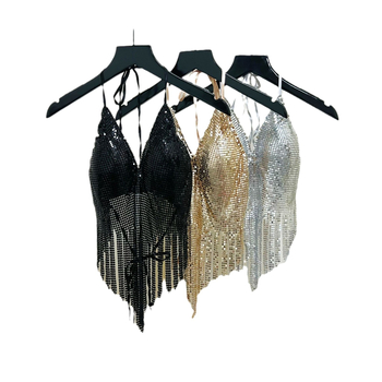 Ženski halter top s štrasom i kristalima, kratka duljina, poliester tkanina, detalj resice