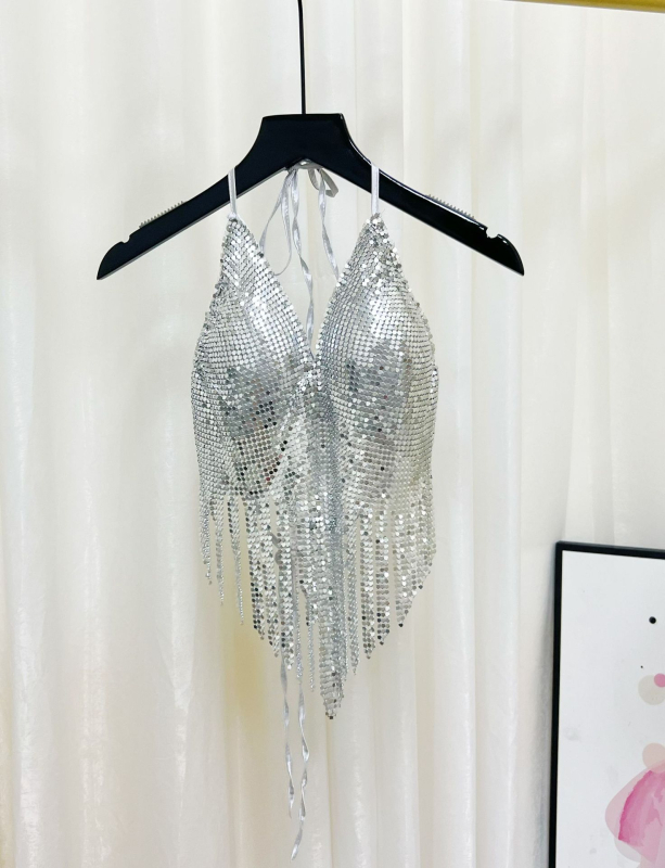 Ženski halter top s štrasom i kristalima, kratka duljina, poliester tkanina, detalj resice