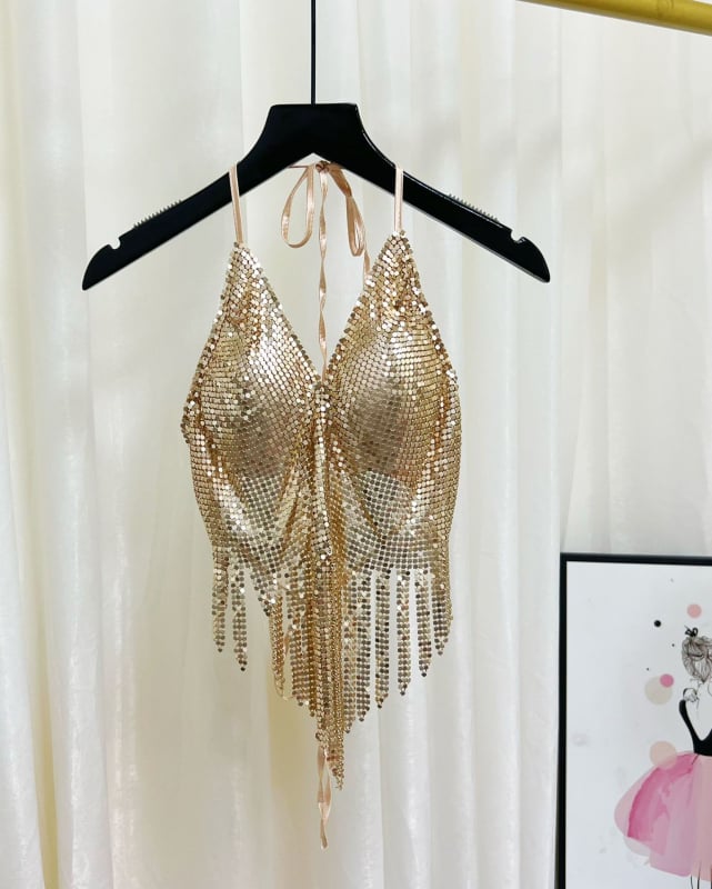 Ženski halter top s štrasom i kristalima, kratka duljina, poliester tkanina, detalj resice