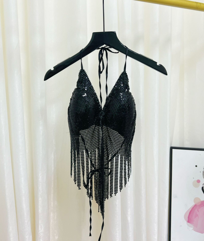 Ženski halter top s štrasom i kristalima, kratka duljina, poliester tkanina, detalj resice