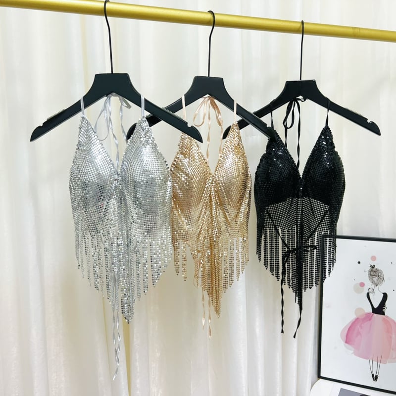 Ženski halter top s štrasom i kristalima, kratka duljina, poliester tkanina, detalj resice