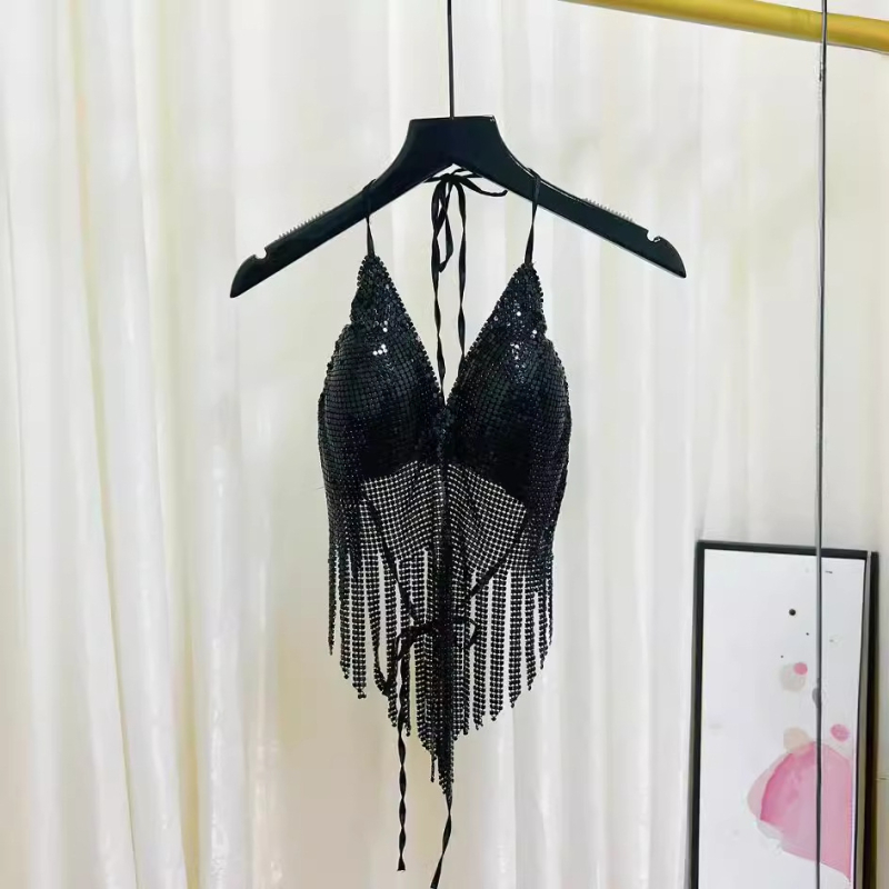 Ženski halter top s štrasom i kristalima, kratka duljina, poliester tkanina, detalj resice