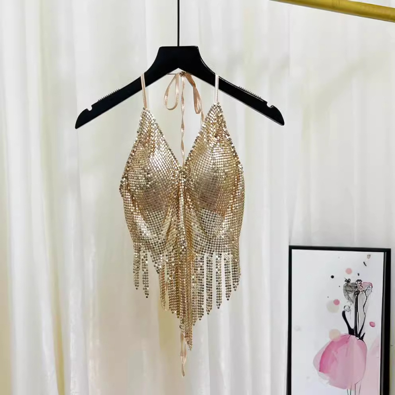 Ženski halter top s štrasom i kristalima, kratka duljina, poliester tkanina, detalj resice