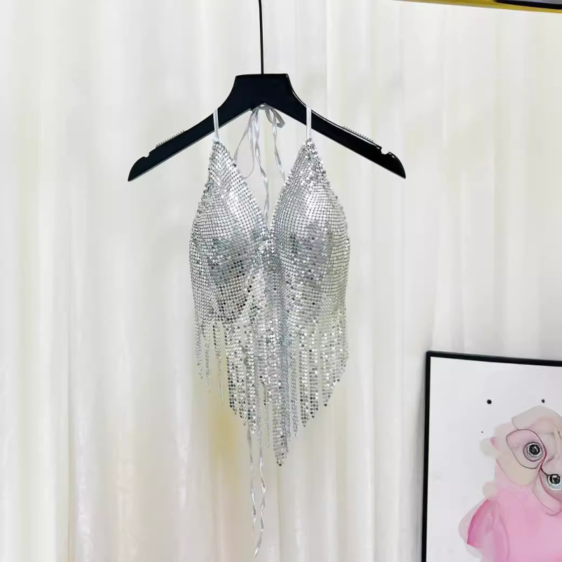 Ženski halter top s štrasom i kristalima, kratka duljina, poliester tkanina, detalj resice