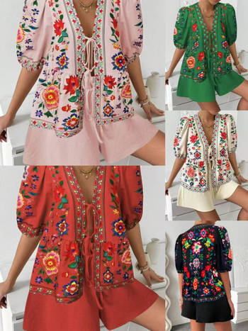 Kényelmes kétrészes szett: virágos mintás kardigán kötővel, rövid ujjú felső és rövidnadrág, poliészter, 2025 tavasz