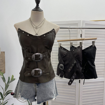 Punk PU koža bez rukava – tube top s ugrađenim jastučićima – nepravilnog kroja, jednobojni uzorak