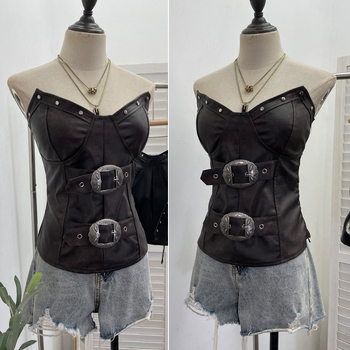 Punk PU koža bez rukava – tube top s ugrađenim jastučićima – nepravilnog kroja, jednobojni uzorak