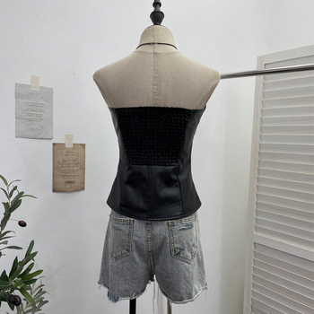 Punk PU koža bez rukava – tube top s ugrađenim jastučićima – nepravilnog kroja, jednobojni uzorak