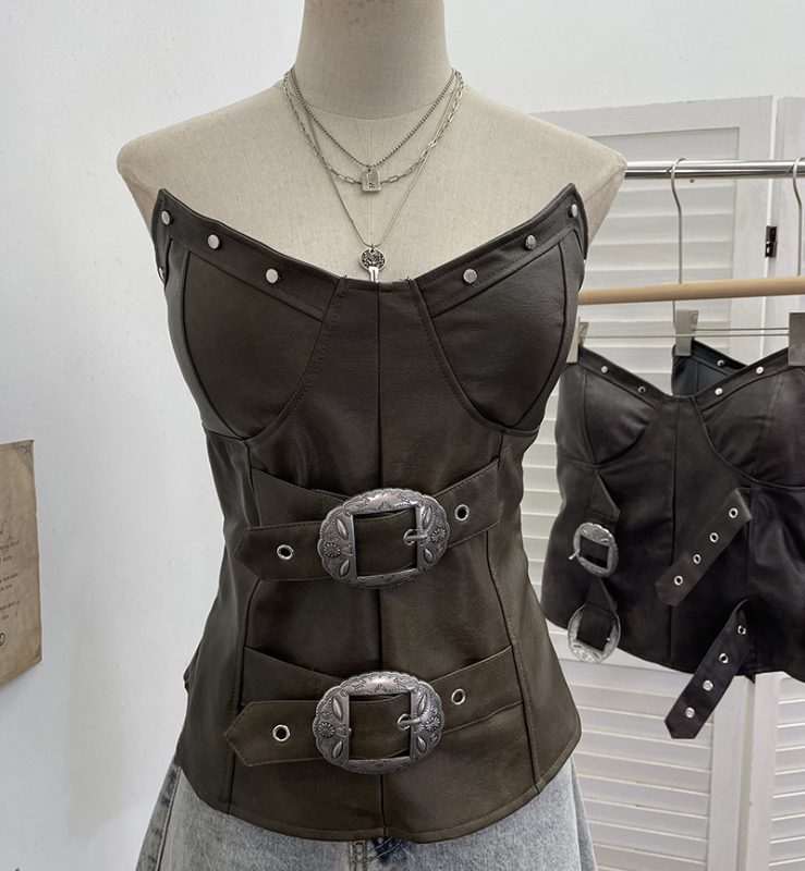 Punk PU koža bez rukava – tube top s ugrađenim jastučićima – nepravilnog kroja, jednobojni uzorak