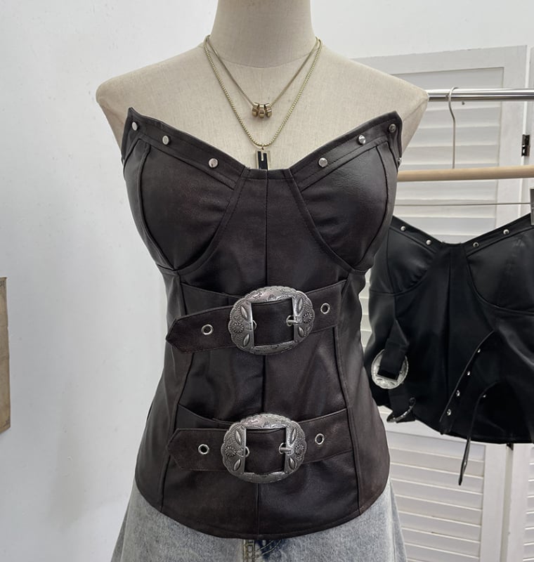 Punk PU koža bez rukava – tube top s ugrađenim jastučićima – nepravilnog kroja, jednobojni uzorak