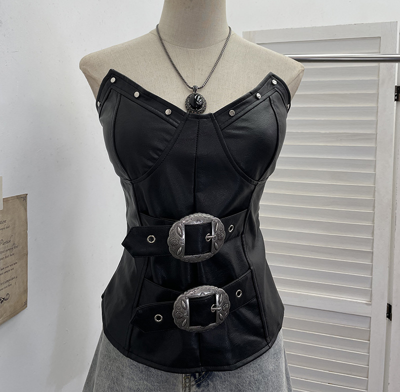 Punk PU koža bez rukava – tube top s ugrađenim jastučićima – nepravilnog kroja, jednobojni uzorak