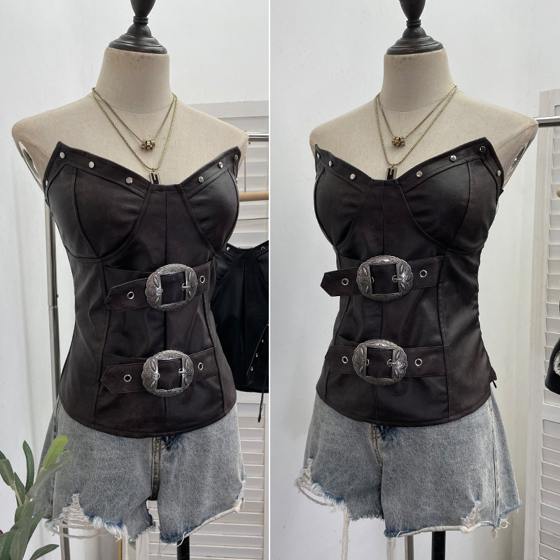 Punk PU koža bez rukava – tube top s ugrađenim jastučićima – nepravilnog kroja, jednobojni uzorak