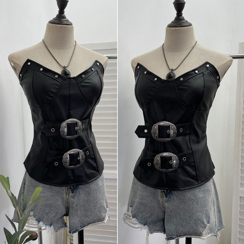 Punk PU koža bez rukava – tube top s ugrađenim jastučićima – nepravilnog kroja, jednobojni uzorak