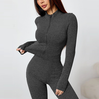 Spirál cipzárral ellátott jóga két részes készlet kötött felsővel és széleslábú hosszú nadrággal, karcsúsított szabás minden évszakra