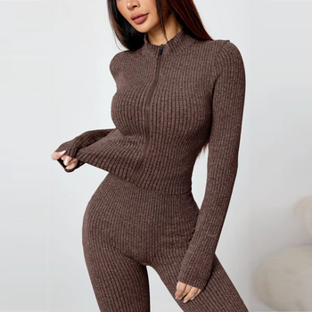 Spirál cipzárral ellátott jóga két részes készlet kötött felsővel és széleslábú hosszú nadrággal, karcsúsított szabás minden évszakra