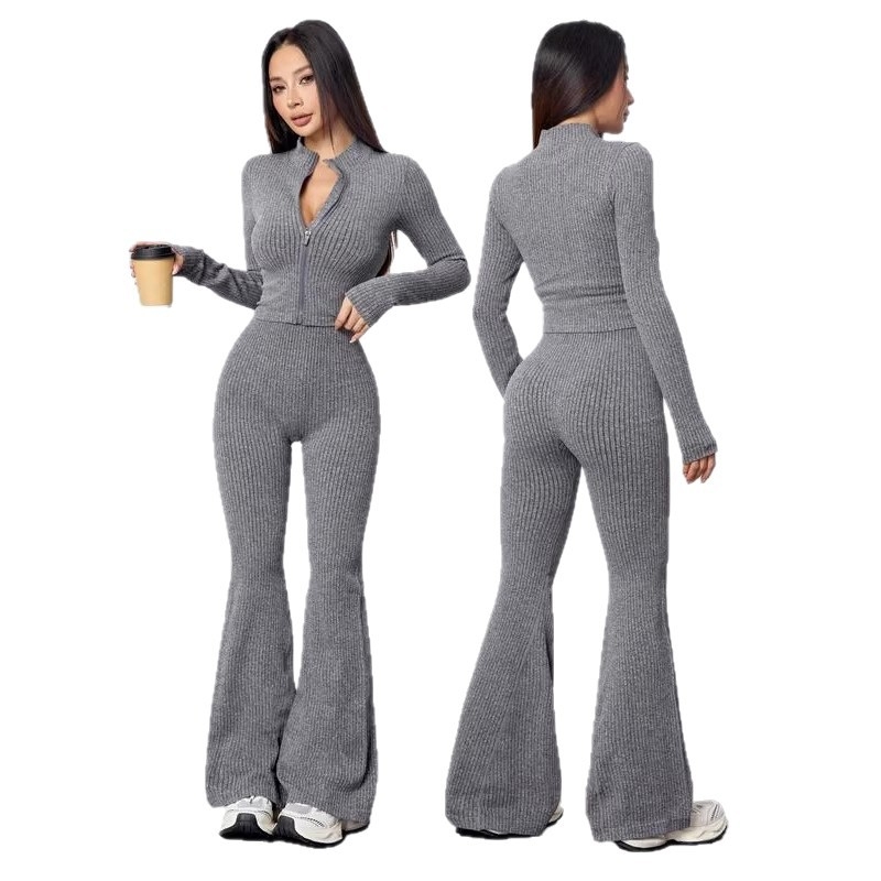 Spirál cipzárral ellátott jóga két részes készlet kötött felsővel és széleslábú hosszú nadrággal, karcsúsított szabás minden évszakra