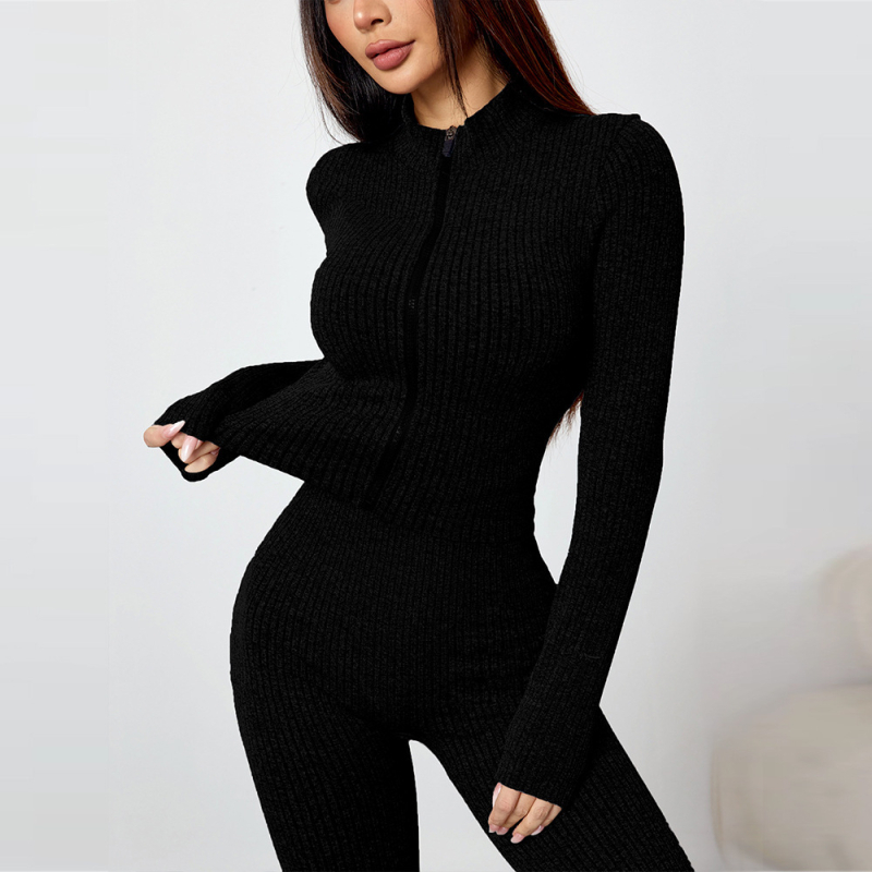 Spirál cipzárral ellátott jóga két részes készlet kötött felsővel és széleslábú hosszú nadrággal, karcsúsított szabás minden évszakra