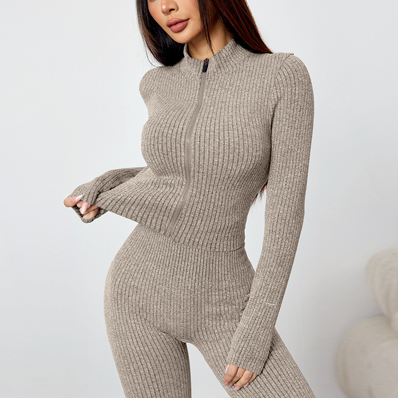 Spirál cipzárral ellátott jóga két részes készlet kötött felsővel és széleslábú hosszú nadrággal, karcsúsított szabás minden évszakra