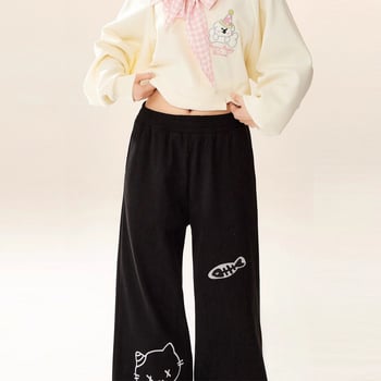 Ženske široke hlače s otiskom mačice, debeli poliester-spandeks materijal, visokim strukom, dugačke, japansko-korejski casual stil (jesen 2025)
