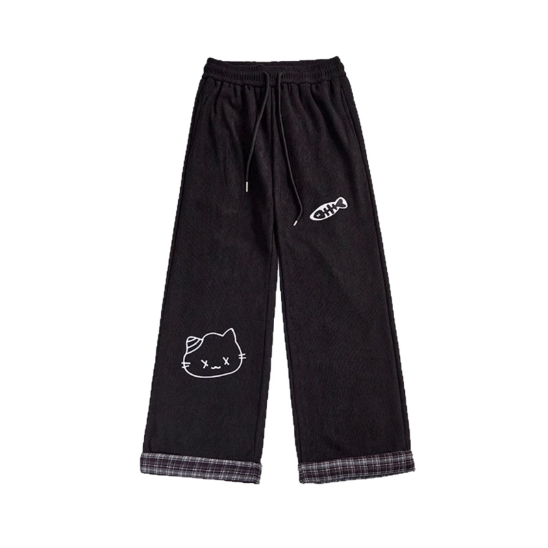 Ženske široke hlače s otiskom mačice, debeli poliester-spandeks materijal, visokim strukom, dugačke, japansko-korejski casual stil (jesen 2025)