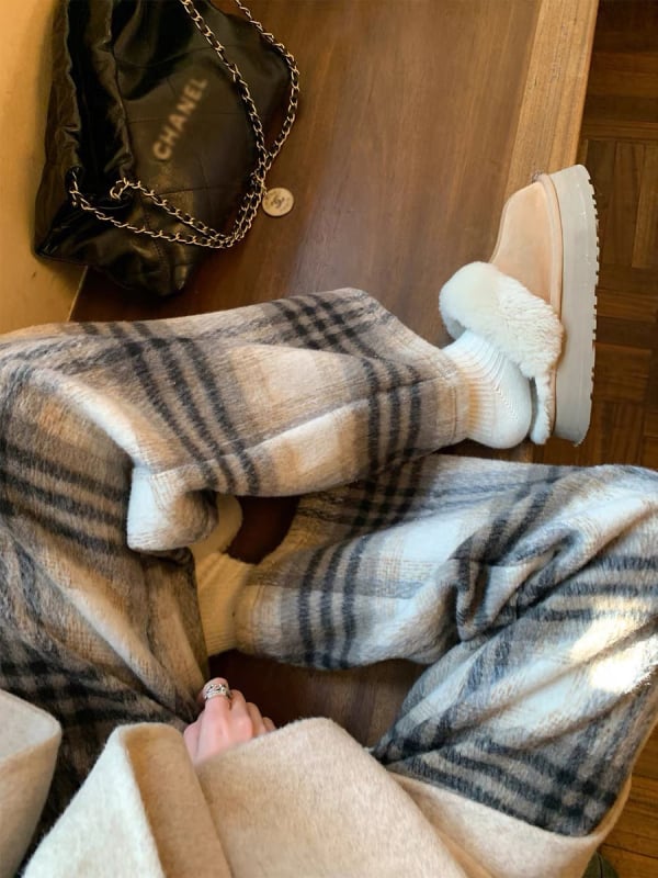 Ženske vunene hlače s fleece podstavom, karirani uzorak, ravno/širokog kroja, vezanje, zimski svakodnevni
