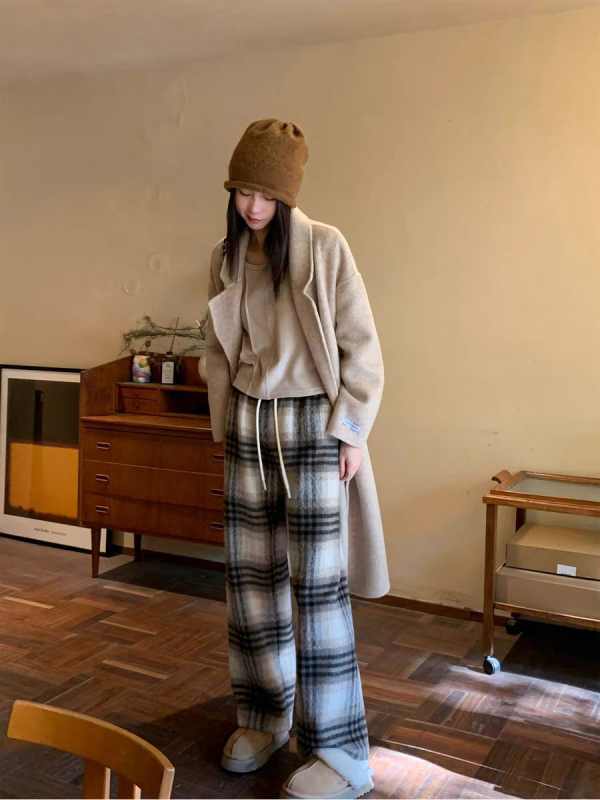 Ženske vunene hlače s fleece podstavom, karirani uzorak, ravno/širokog kroja, vezanje, zimski svakodnevni