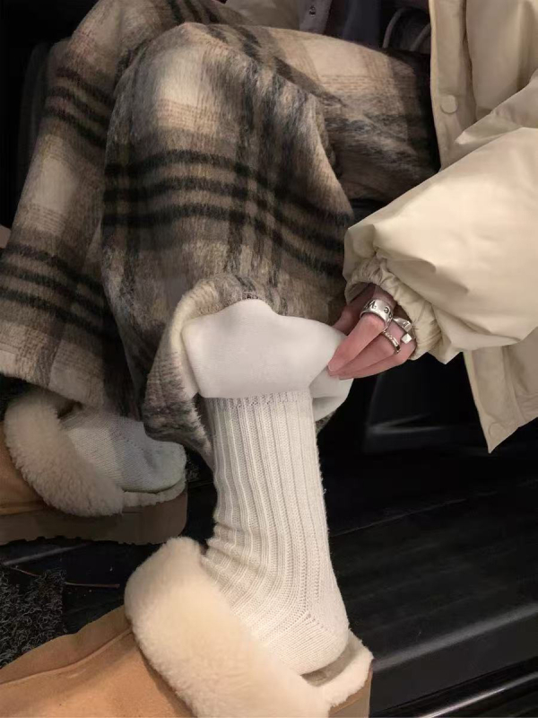 Ženske vunene hlače s fleece podstavom, karirani uzorak, ravno/širokog kroja, vezanje, zimski svakodnevni
