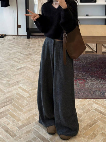 Ženske casual hlače s širokim krojem, visokim strukom, 95% poliester, mikro-elastični materijal, bez glačanja, opuštena silueta, zimsko izdanje 2025