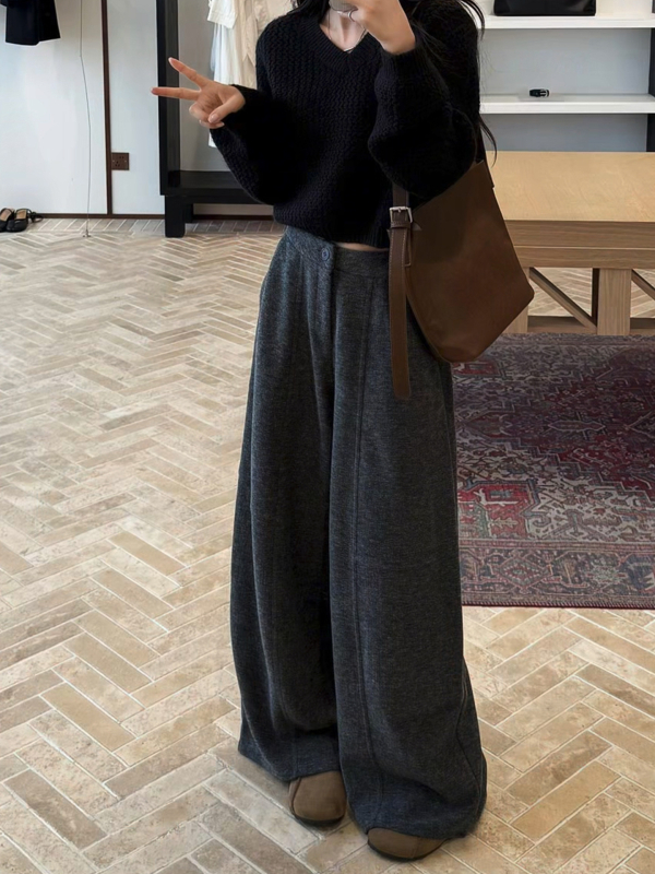 Ženske casual hlače s širokim krojem, visokim strukom, 95% poliester, mikro-elastični materijal, bez glačanja, opuštena silueta, zimsko izdanje 2025